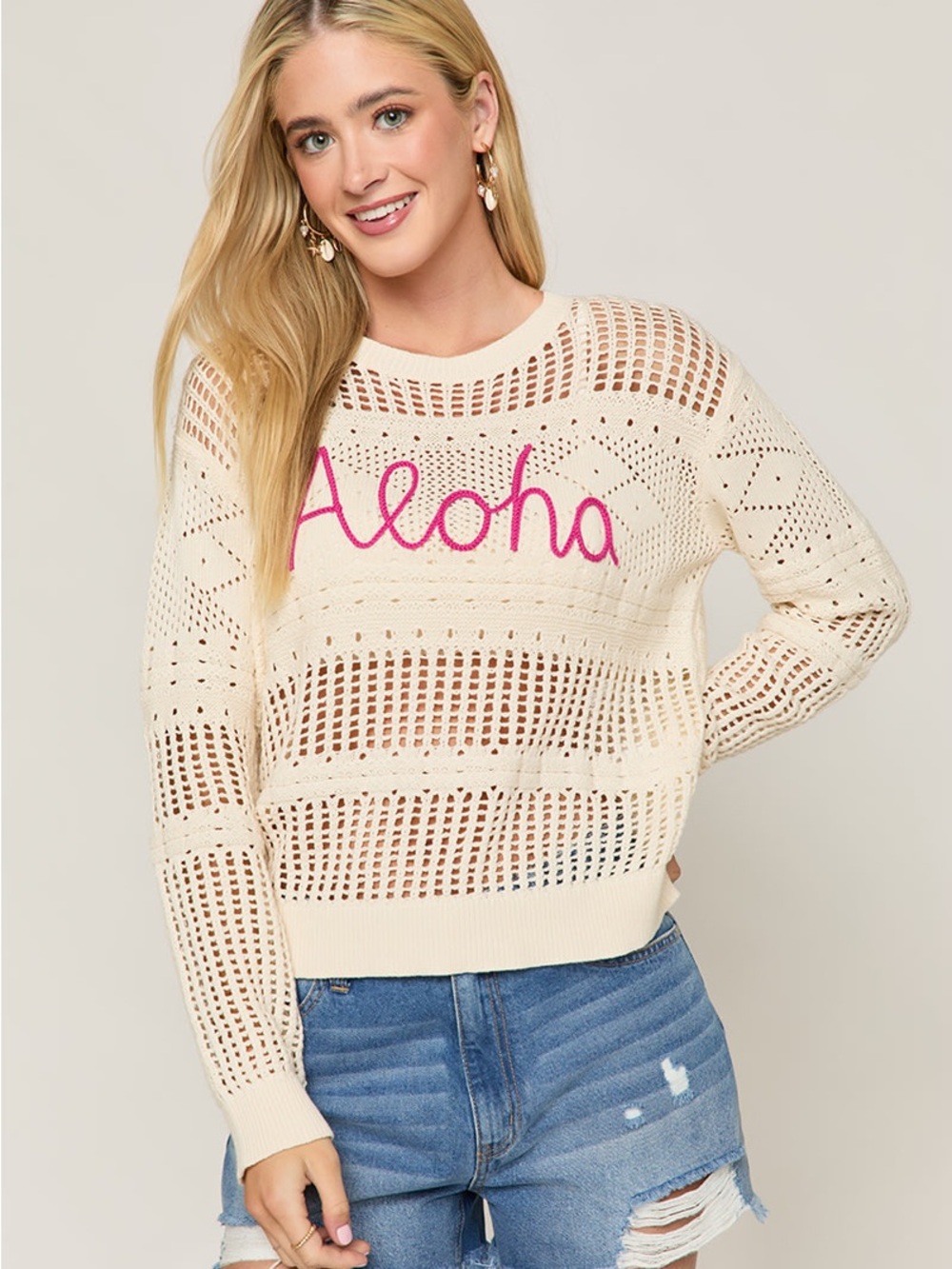Francesca's Collections Cream Open-Knit Crew Sweater with Pink 'Aloha'